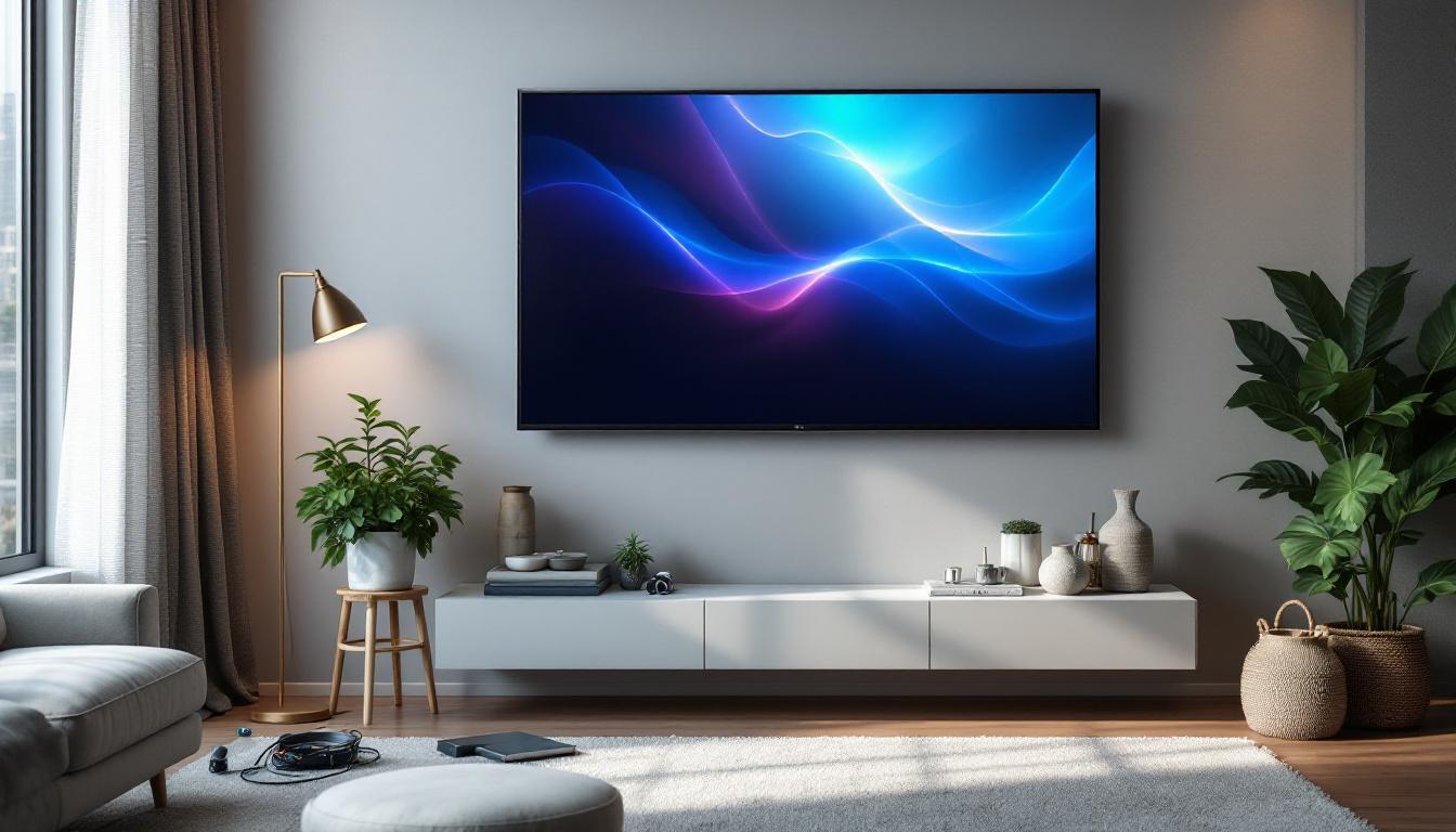 A photograph of a modern living room featuring a sleek led tv mounted on the wall