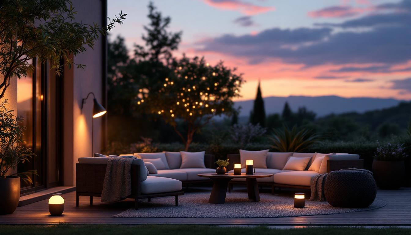 A photograph of a beautifully arranged outdoor setting featuring a variety of discontinued led portfolio lighting fixtures in use