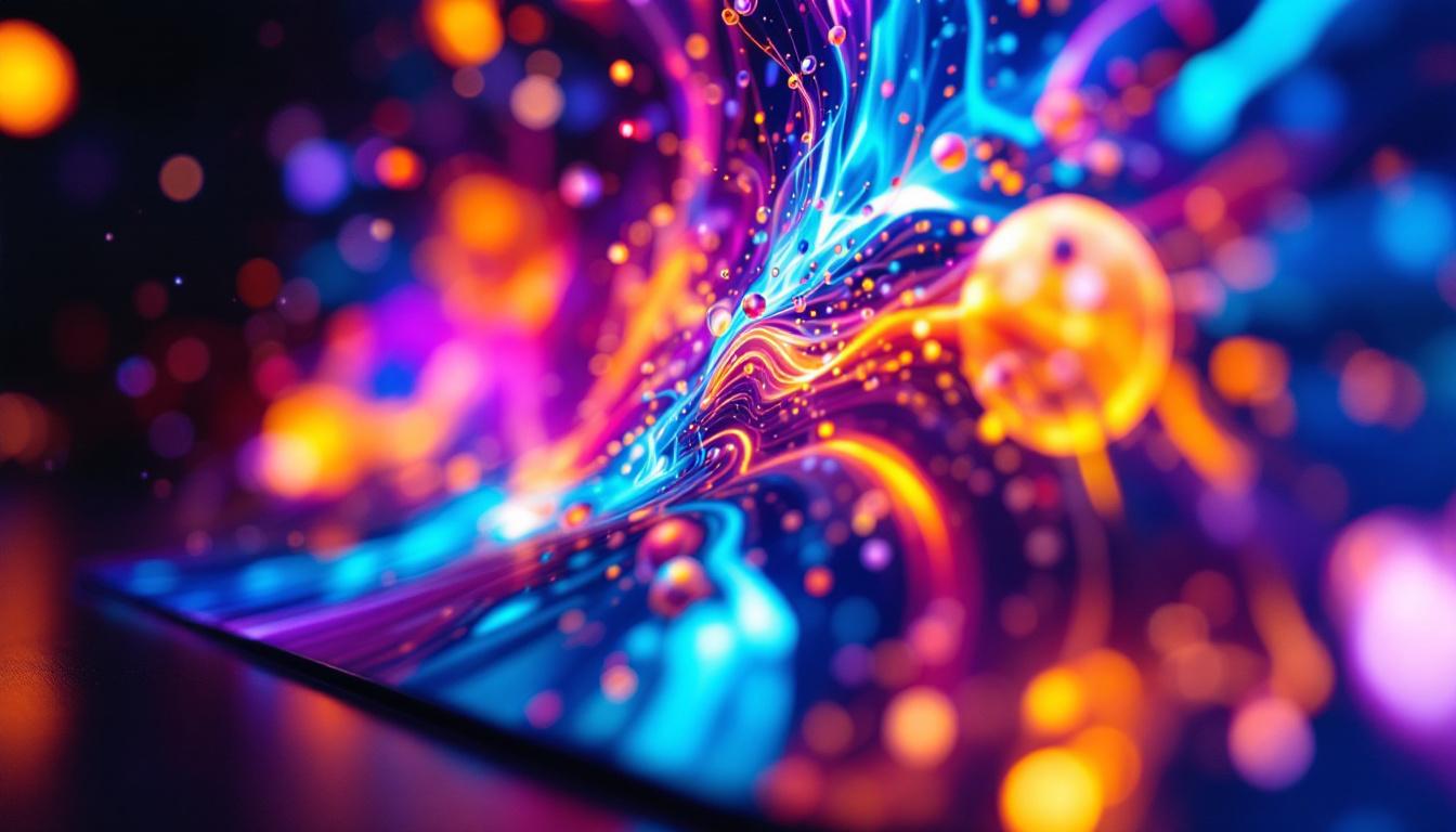 A photograph of a close-up shot of a flexible lcd screen displaying vibrant colors and intricate details