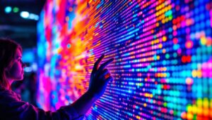 A photograph of a close-up of a vibrant led display in action