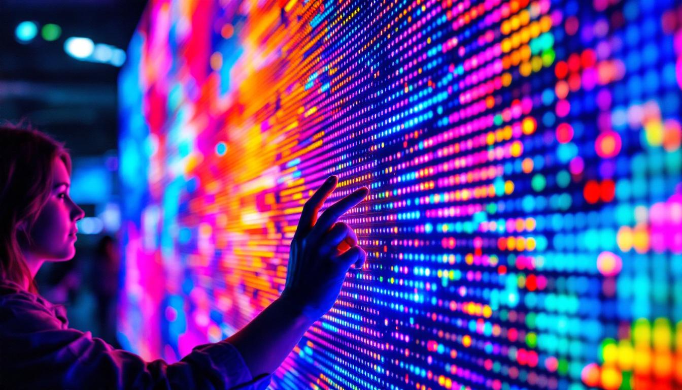 A photograph of a close-up of a vibrant led display in action