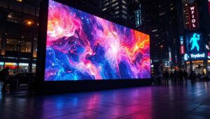 A photograph of a vibrant and dynamic led display showcasing colorful visuals and engaging content