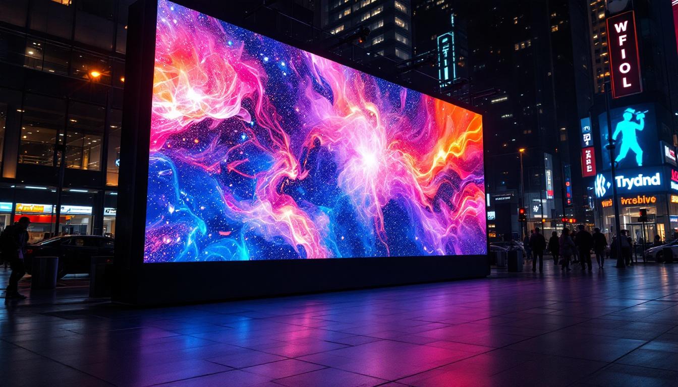 A photograph of a vibrant and dynamic led display showcasing colorful visuals and engaging content