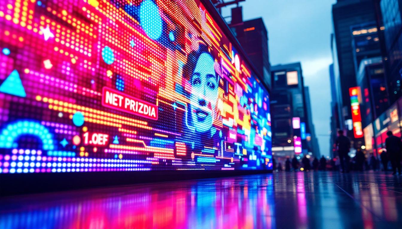 A photograph of a vibrant led display in a bustling urban setting
