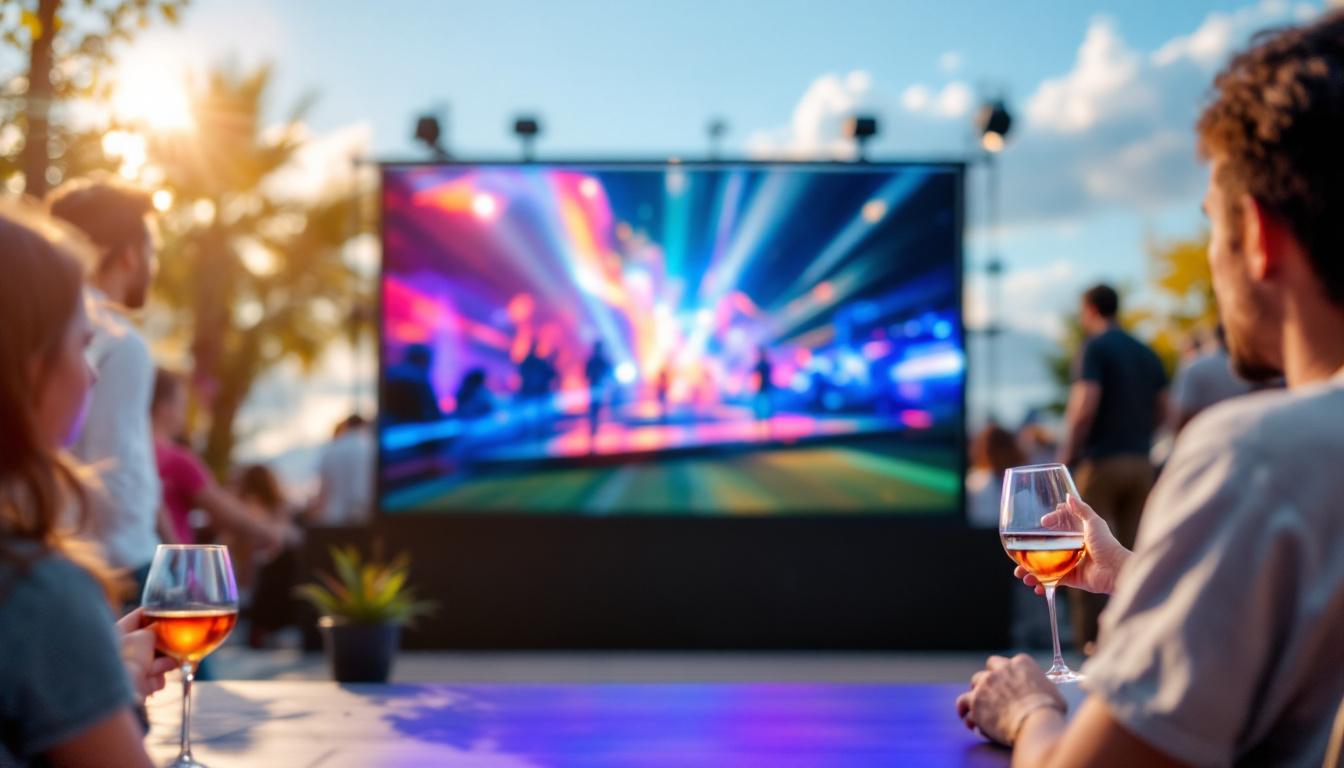 A photograph of a vibrant outdoor setting featuring a high-quality led display in use