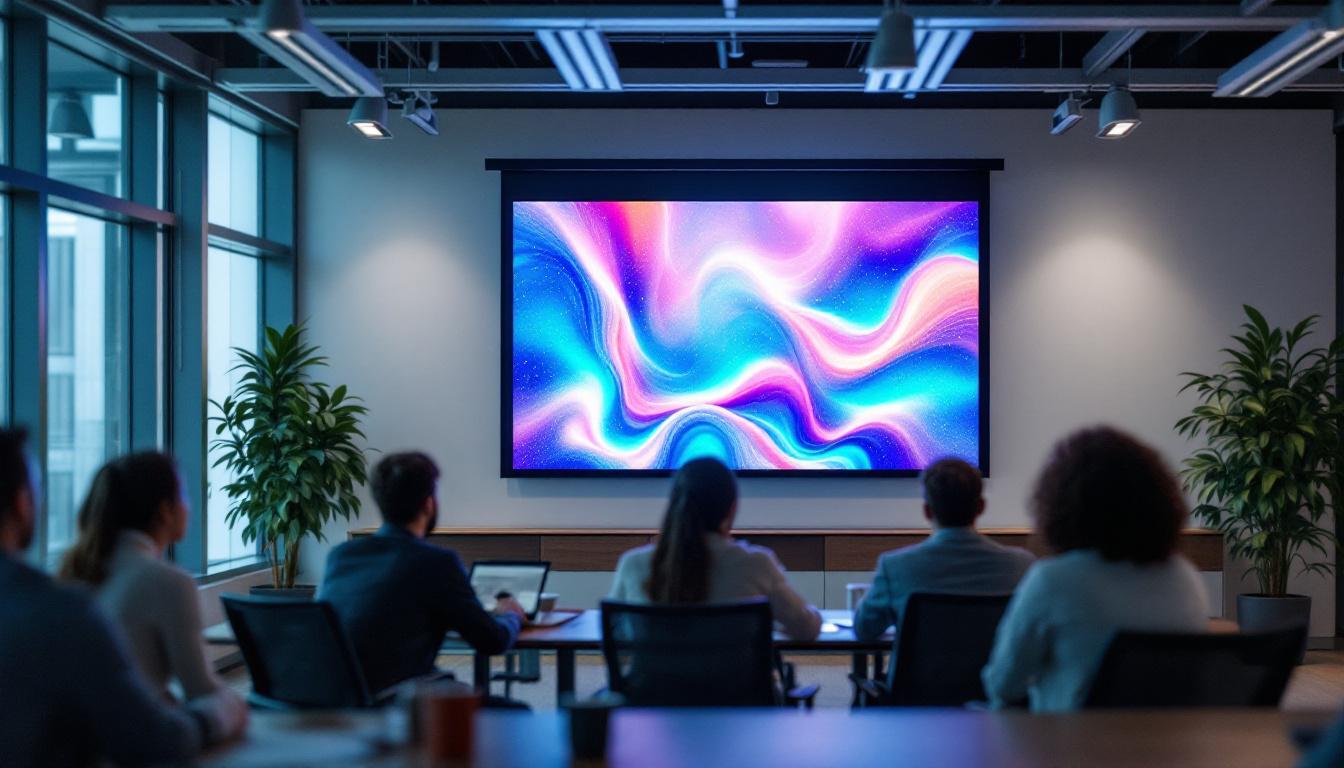 A photograph of capture a photograph of a modern instructional facility featuring a vibrant led display in action