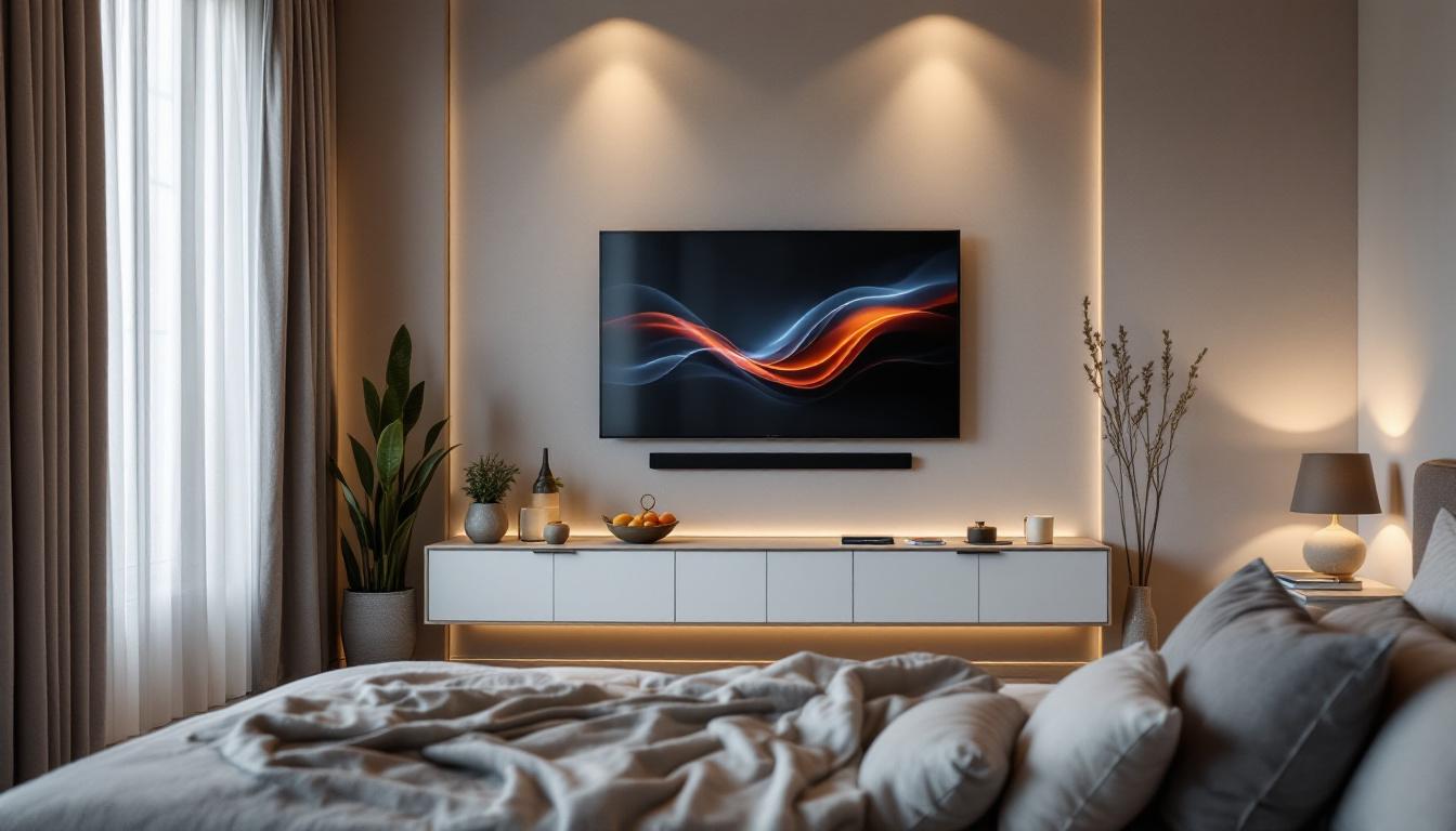 A photograph of a stylish bedroom featuring a modern led tv mounted on the wall