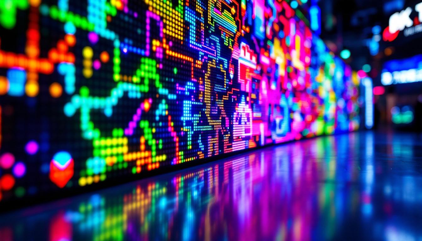 A photograph of a vibrant led display showcasing a variety of pixel art designs