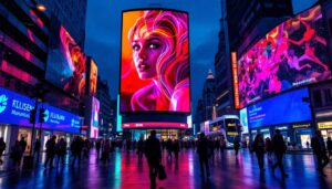 A photograph of a vibrant led display in a bustling urban setting in germany