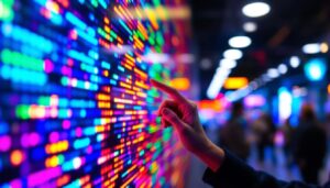 A photograph of a close-up shot of a vibrant led display in use