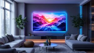 A photograph of a modern living room featuring a sleek led media wall