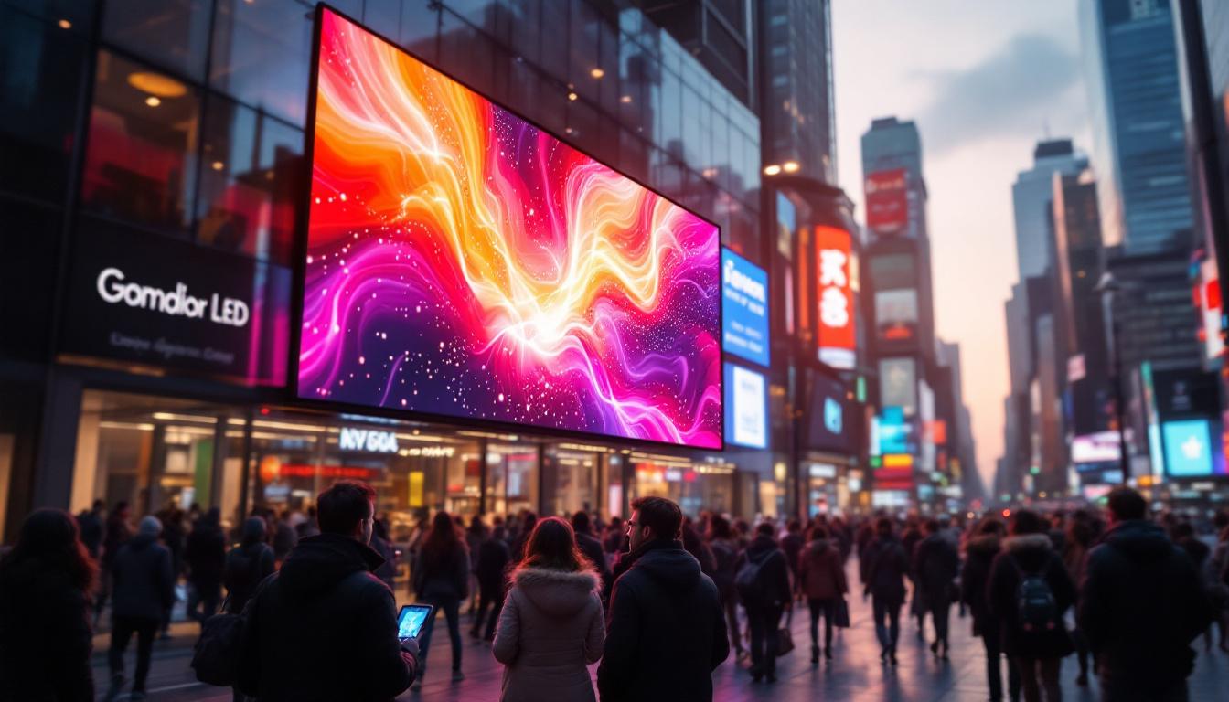 A photograph of a vibrant led display in a bustling urban environment