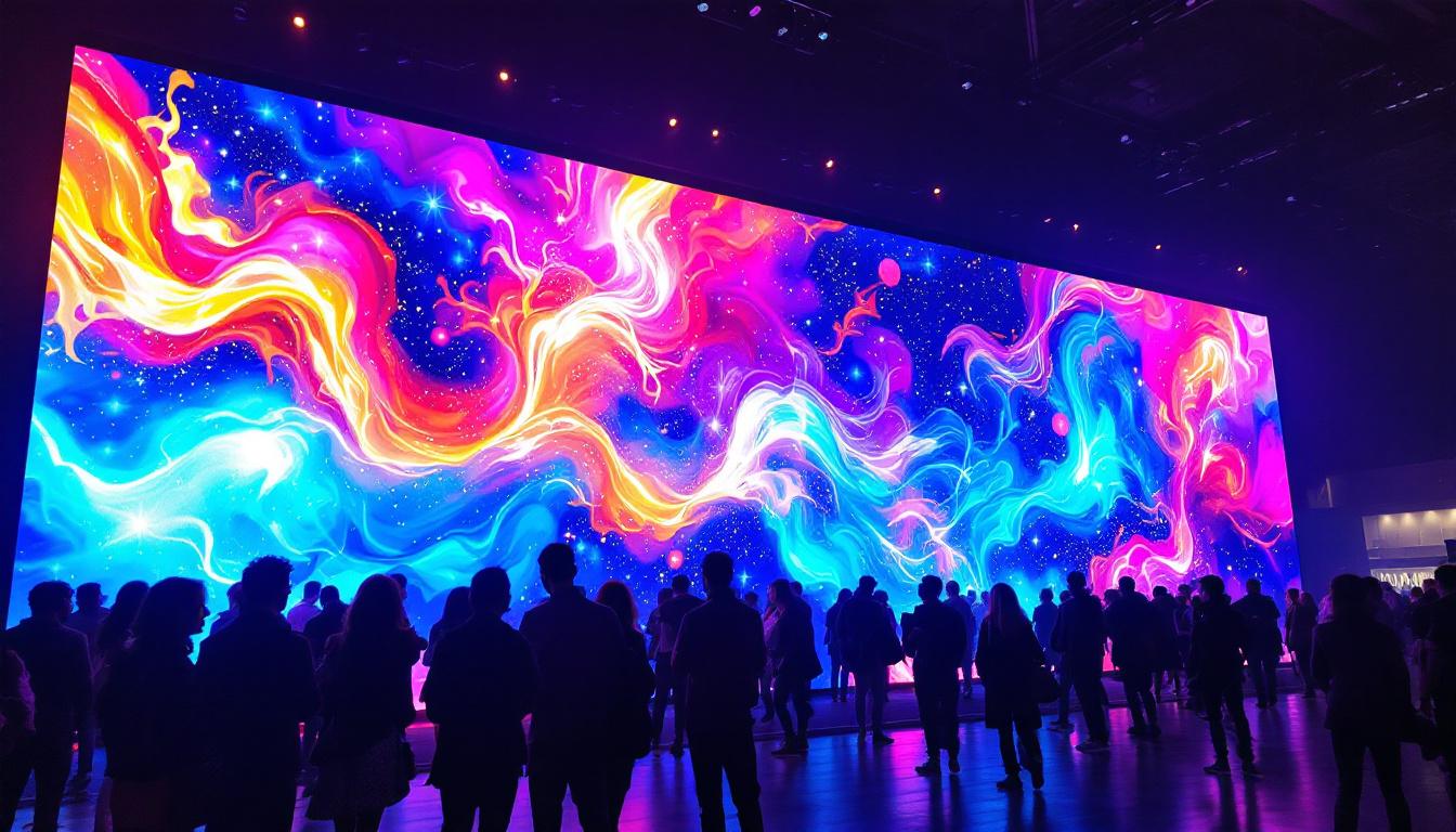 A photograph of a vibrant led display showcasing dynamic visuals and colors