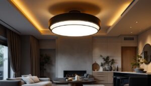 A photograph of an elegantly designed extra large led ceiling light in a stylish interior setting