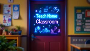 A photograph of a vibrant classroom door adorned with a personalized led display sign