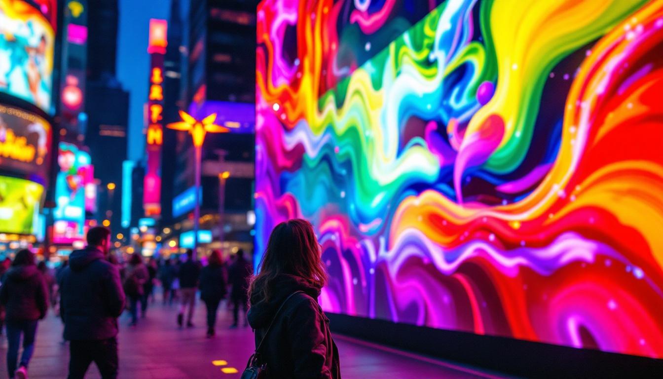 A photograph of a vibrant and dynamic led display in an urban setting
