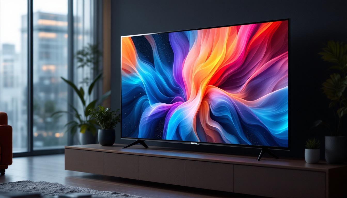 A photograph of a sleek logo tv with its vibrant led display showcasing a vivid