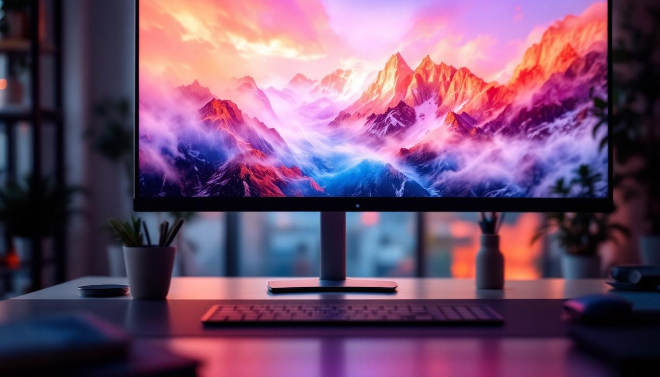 A photograph of a sleek 34-inch touch screen monitor displaying vibrant visuals