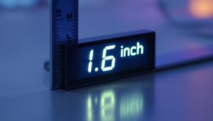 A photograph of capture a photograph of a close-up led display that prominently shows a measurement of 1.6 inches alongside a ruler or measuring tape in millimeters