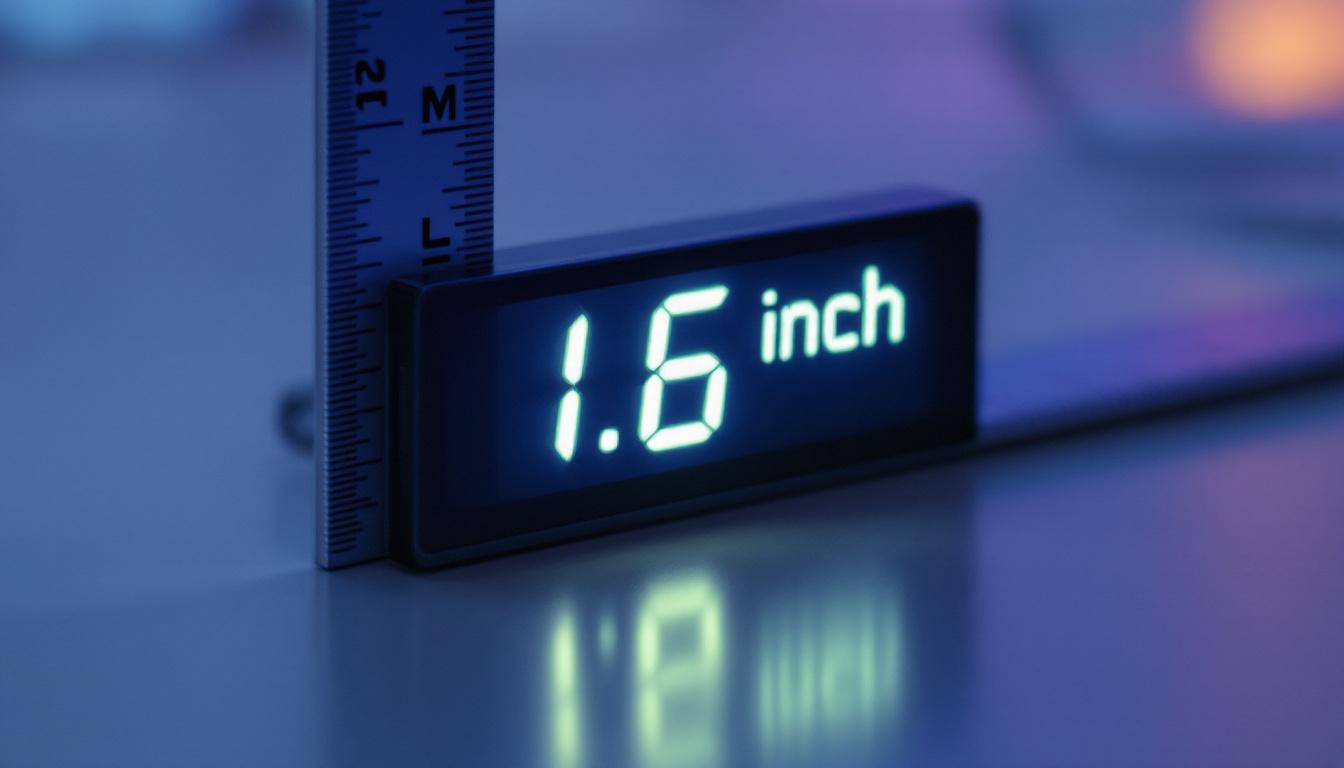 A photograph of capture a photograph of a close-up led display that prominently shows a measurement of 1.6 inches alongside a ruler or measuring tape in millimeters
