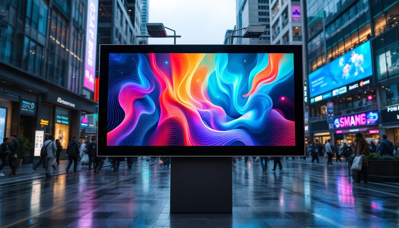 A photograph of a vibrant led digital signage display in a bustling urban environment