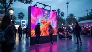 A photograph of capture a photograph of a vibrant portable outdoor led display in an engaging outdoor setting