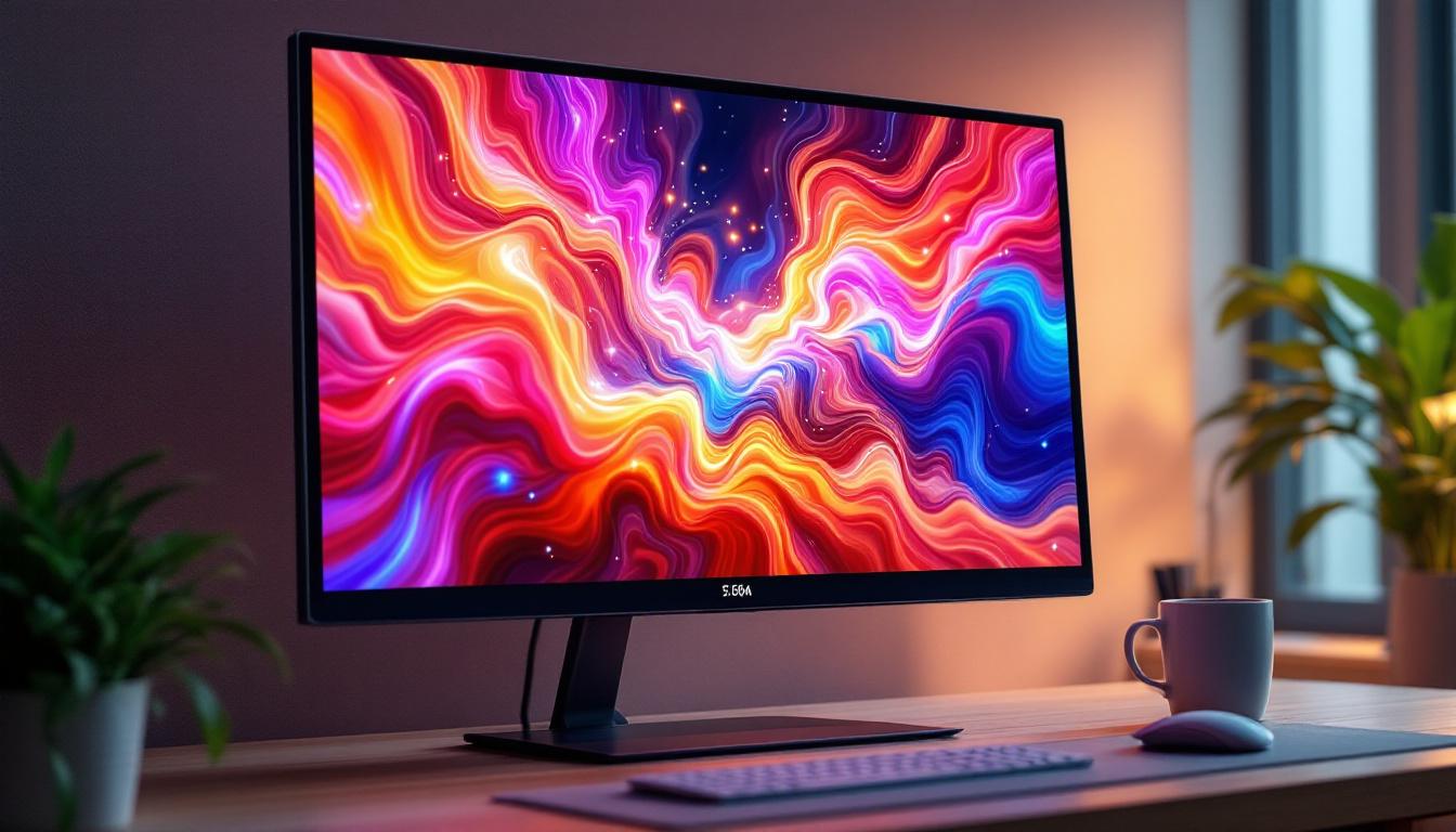 A photograph of a sleek lcd computer monitor displaying vibrant