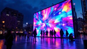 A photograph of a vibrant and dynamic led display in an urban setting