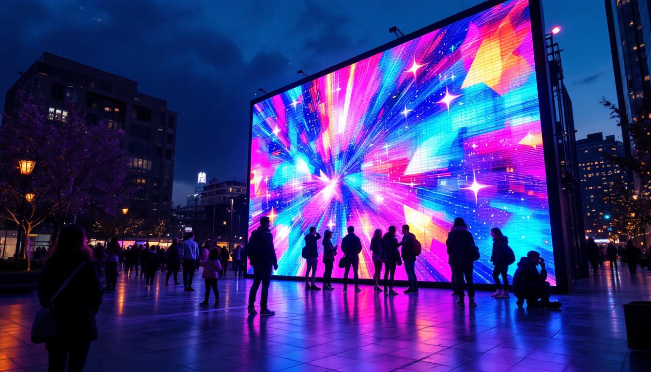 A photograph of a vibrant and dynamic led display in an urban setting
