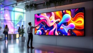 A photograph of a large touchscreen led display in a modern environment