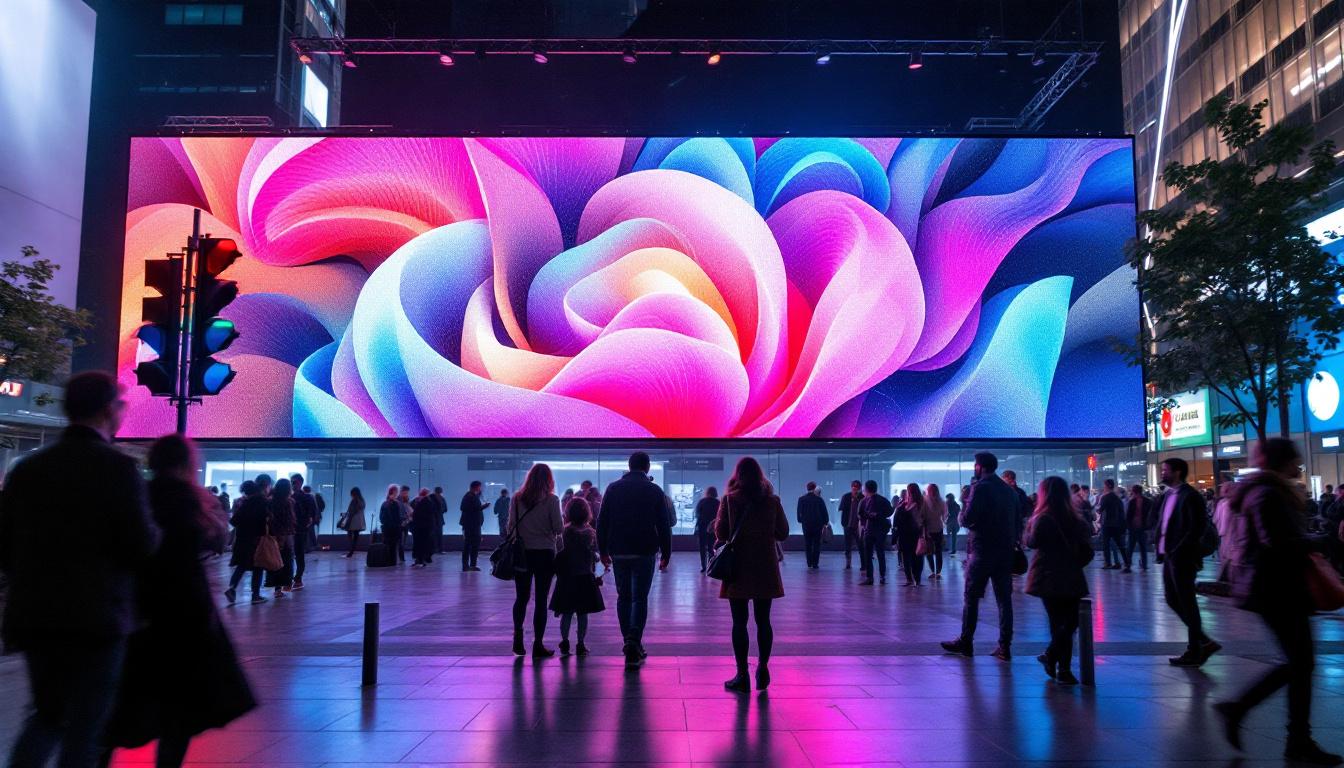 A photograph of a vibrant led display in a bustling urban setting