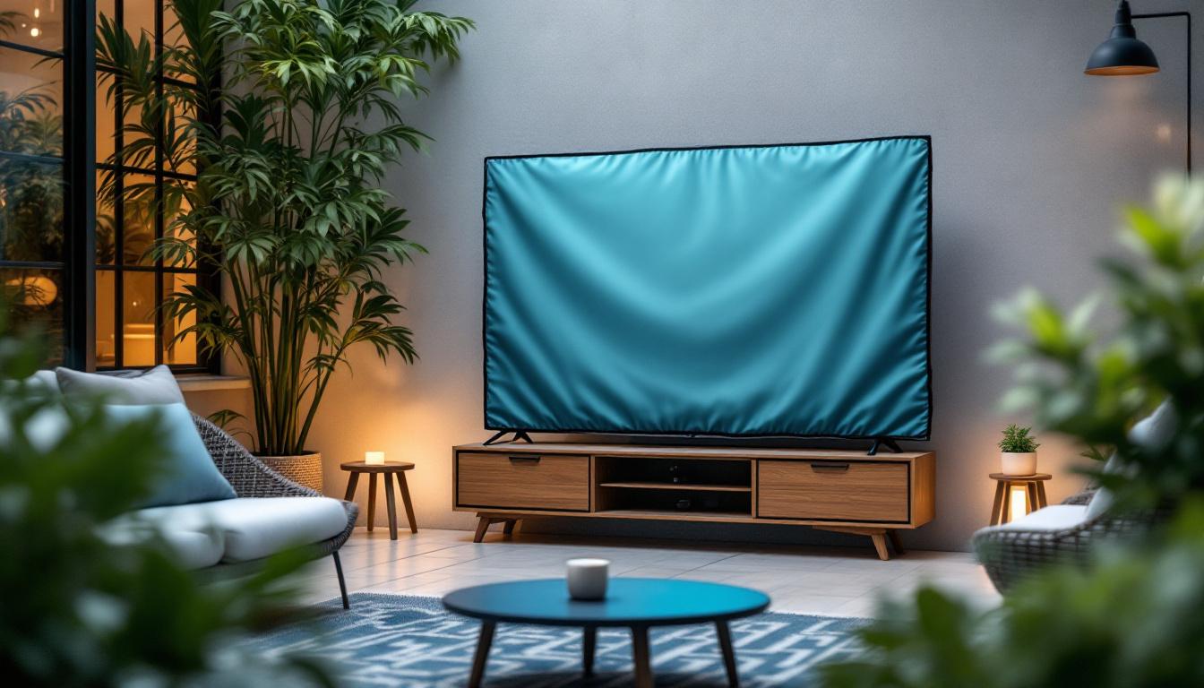 A photograph of a stylish outdoor setting featuring a waterproof television cover in use