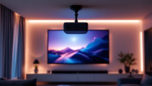 A photograph of a sleek projector ceiling mount installation in a modern home theater setting