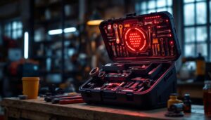 A photograph of a portable stackable tool box with an illuminated led display