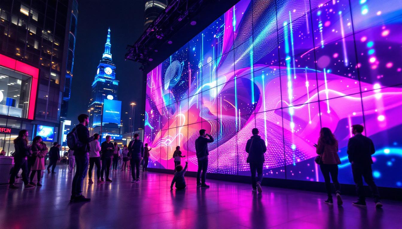 A photograph of a vibrant led display wall in an urban setting
