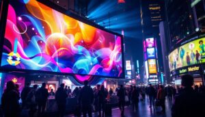 A photograph of a vibrant led display in a bustling urban environment