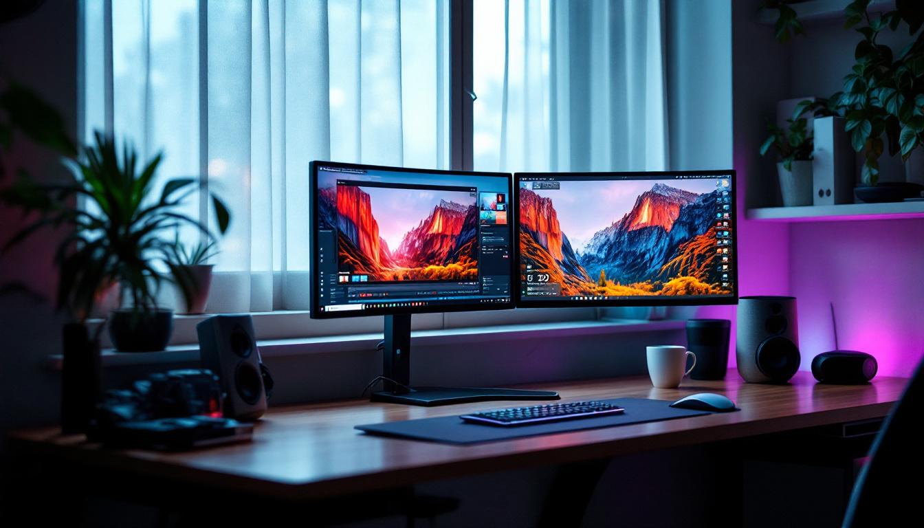 A photograph of capture a photograph of a stylish corner dual monitor stand featuring an led display setup