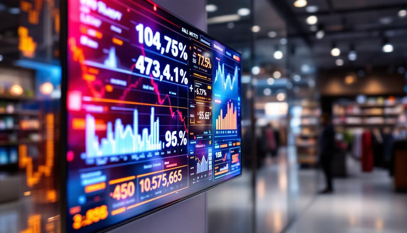 A photograph of a vibrant led display showcasing dynamic digital sales metrics in a modern retail environment