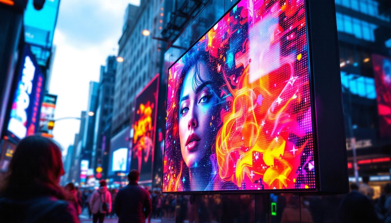 A photograph of a vibrant led display in a bustling urban setting