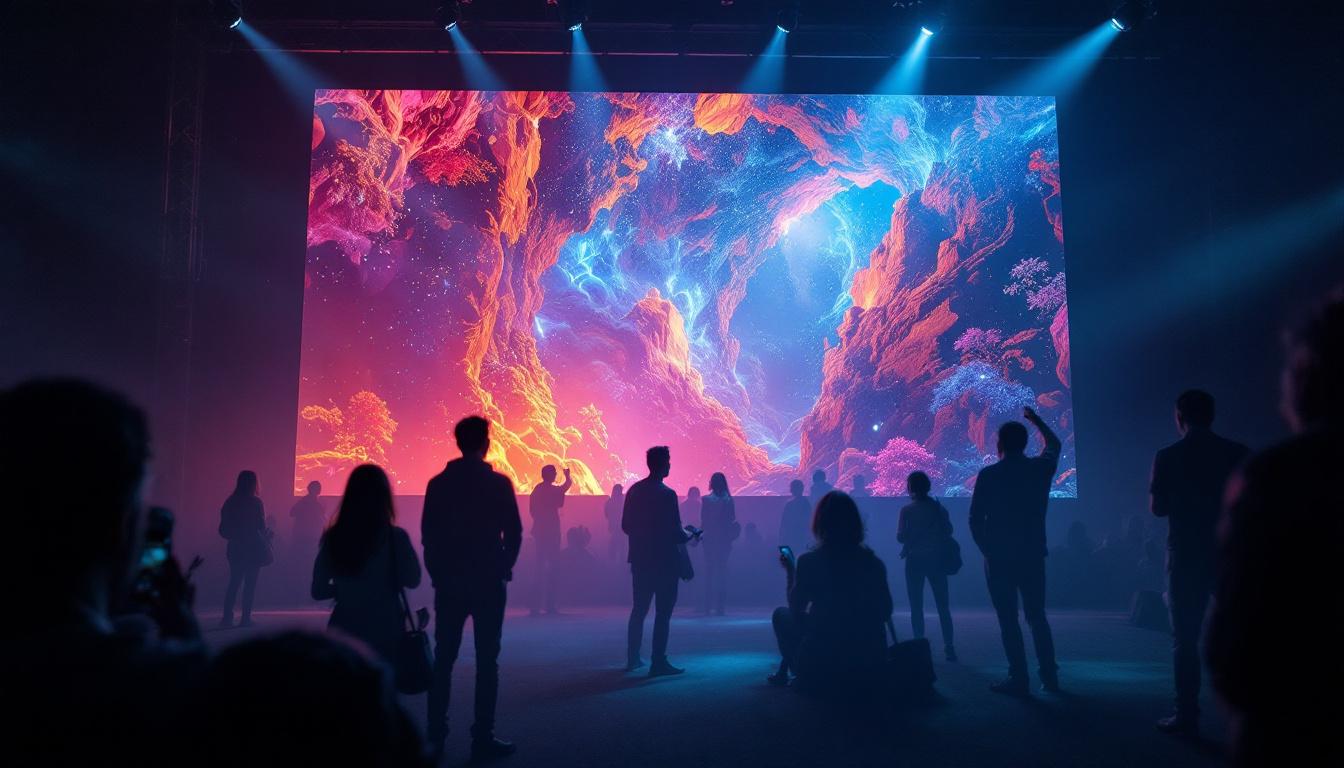 A photograph of a large led projector screen in a dynamic setting