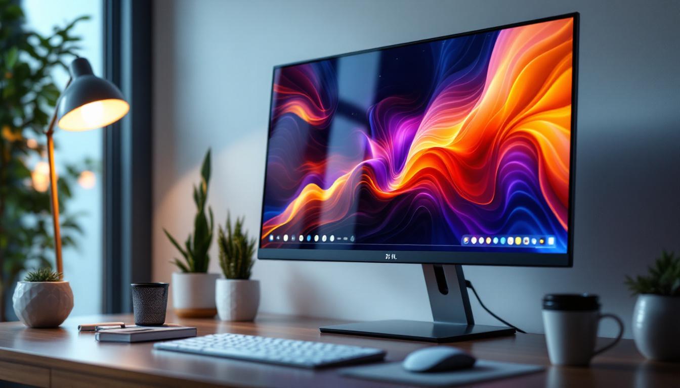 A photograph of capture a photograph of a sleek 21-inch led monitor displaying vibrant colors and sharp graphics