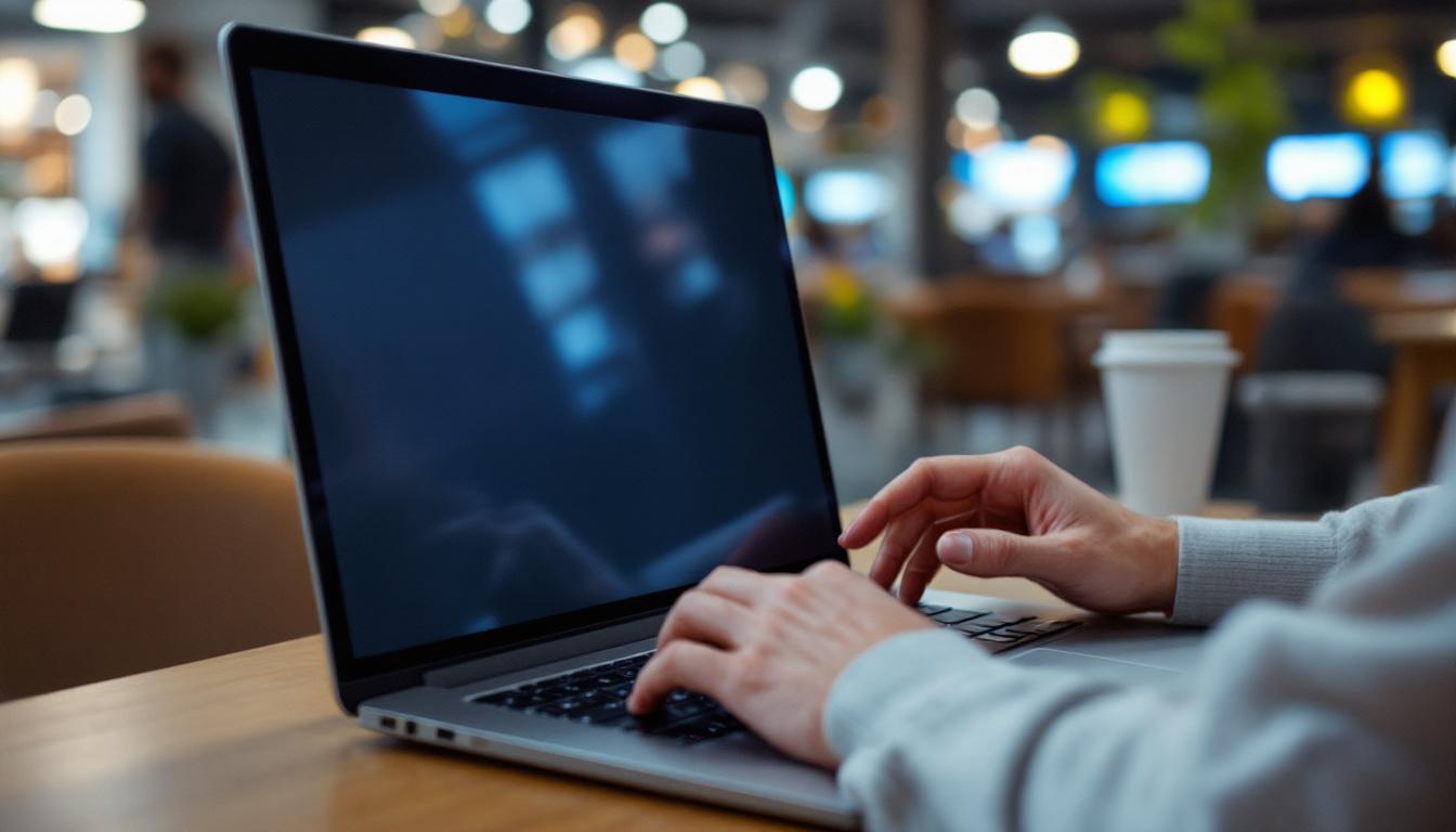 A photograph of a person working on a laptop in a public space