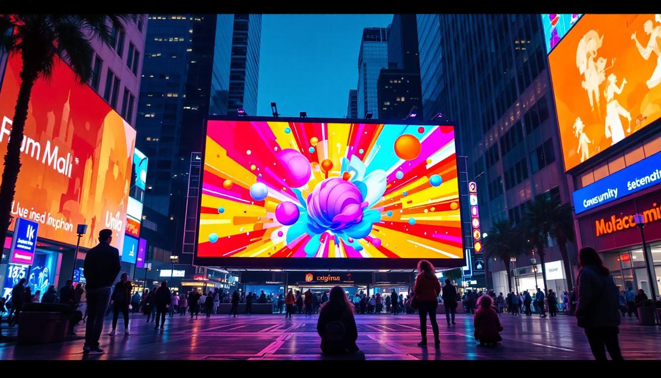 A photograph of a vibrant led display in a bustling california urban setting