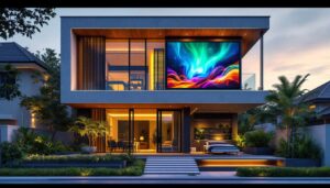 A photograph of capture a photograph of a modern house facade featuring an eye-catching led display integrated into the front wall