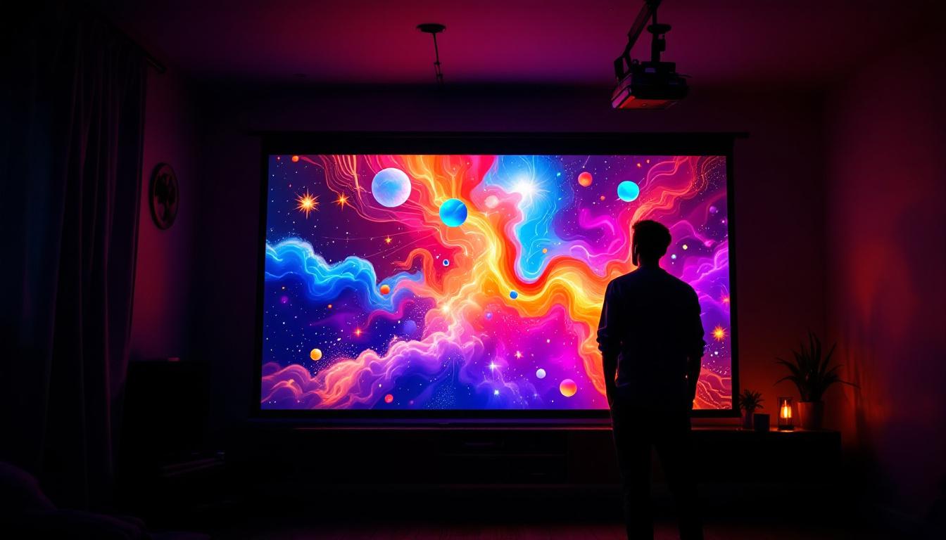 A photograph of capture a photograph of a vibrant led projector screen in a dimly lit room