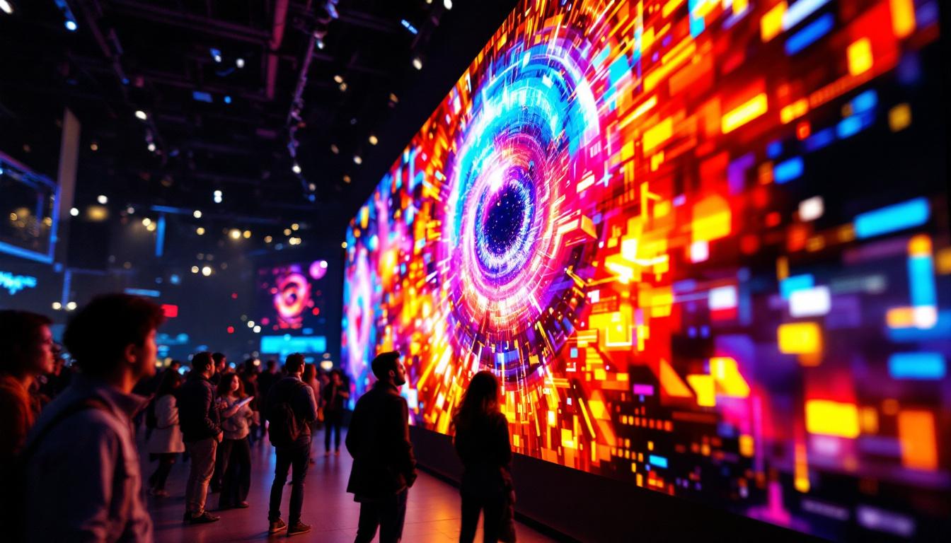 A photograph of a vibrant led display showcasing dynamic visuals and bright colors