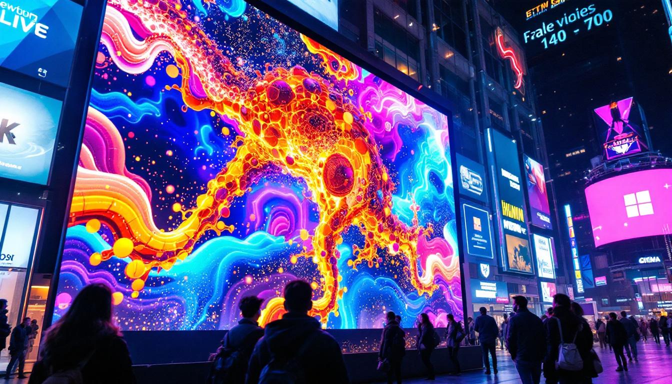 A photograph of a vibrant led display in a dynamic urban setting