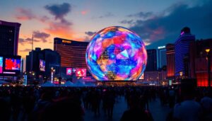 A photograph of capture a photograph of the las vegas sphere at dusk