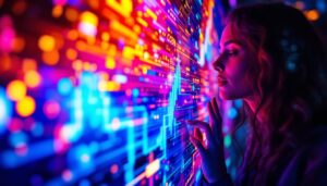 A photograph of a close-up shot of a person interacting with a vibrant led display