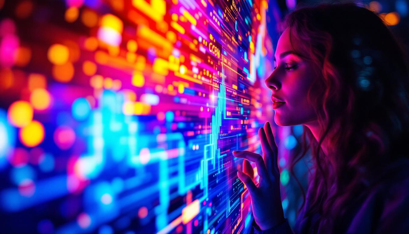 A photograph of a close-up shot of a person interacting with a vibrant led display